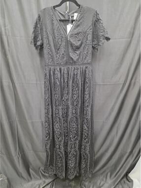 MEROKEETY LACE V‑NECK MAXI DRESS SHORT SLEEVE WEDDING BRIDESMAID BLACK L
